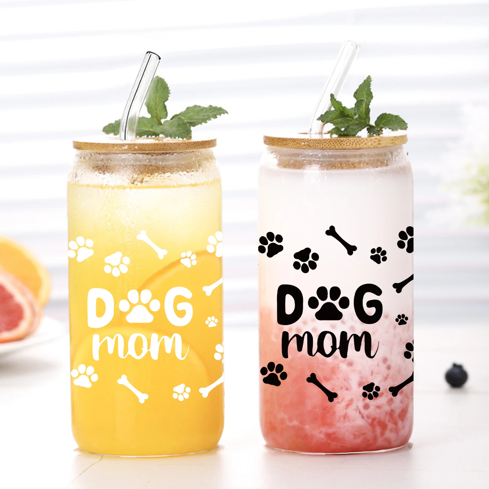 Dog Mom Pattern 16oz High Borosilicate Drinking Glass Cup With Lid&Straw Juice Coffee Cup Summer Winter Gifts For Dog Pet Owners