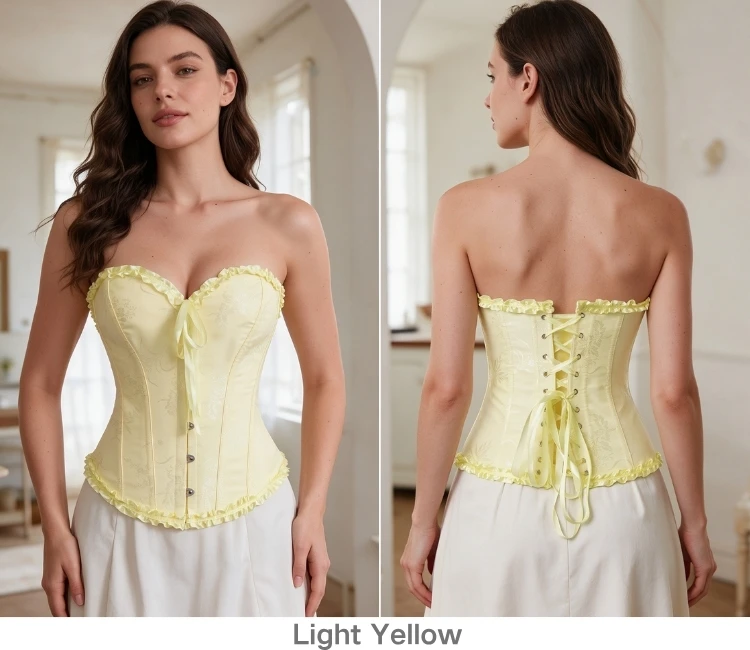 Damen Vintage Jacquard Korsett-Top, trägerlos, mit Rüschen vorne, Busk-Rücken, Schnürung, 20 Farben, für Feiertage, Partys und Abendgarderobe – Detail 20