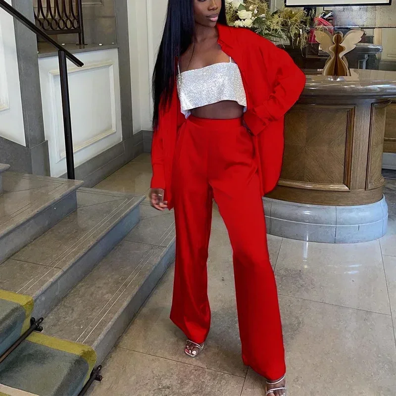 

GUWU Elegant Two Piece Women's Tracksuit Long Sleeve Shirt and Straight Wide Leg Pants Matching Set Chic Outfit Sweatsuit