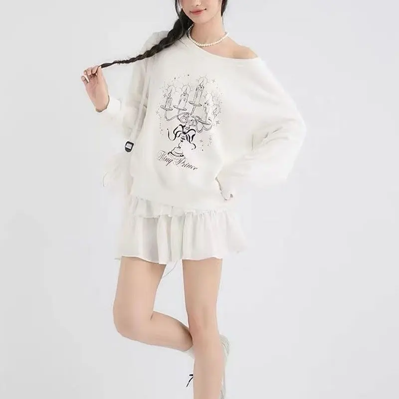 American Retro Printed Sweatshirts Women's Clothing Skew Collar Spring Autumn Stylish Off Shoulder Casual Long Sleeve Hoodies