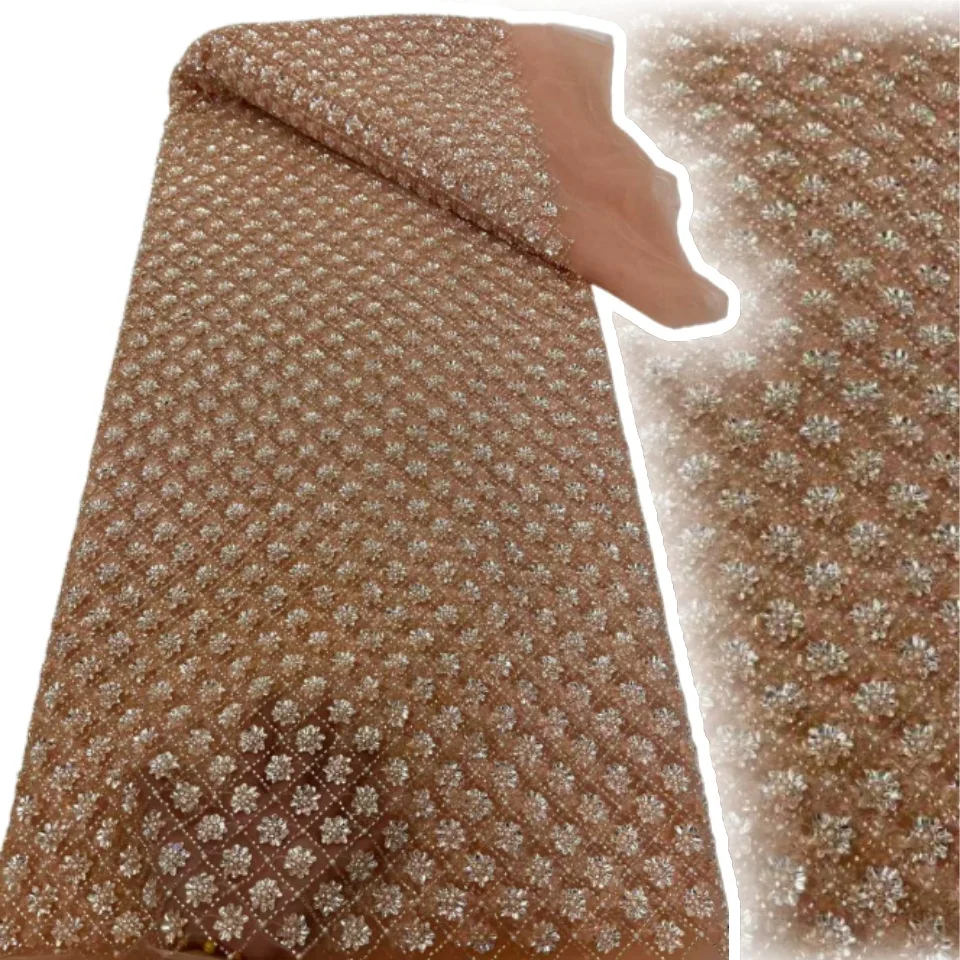 

2025 French Brown Heavy Beaded Lace African Sequins Lace Fabrics High Quality Nigerian Tulle Net for Sewing Women Dresses CC1626