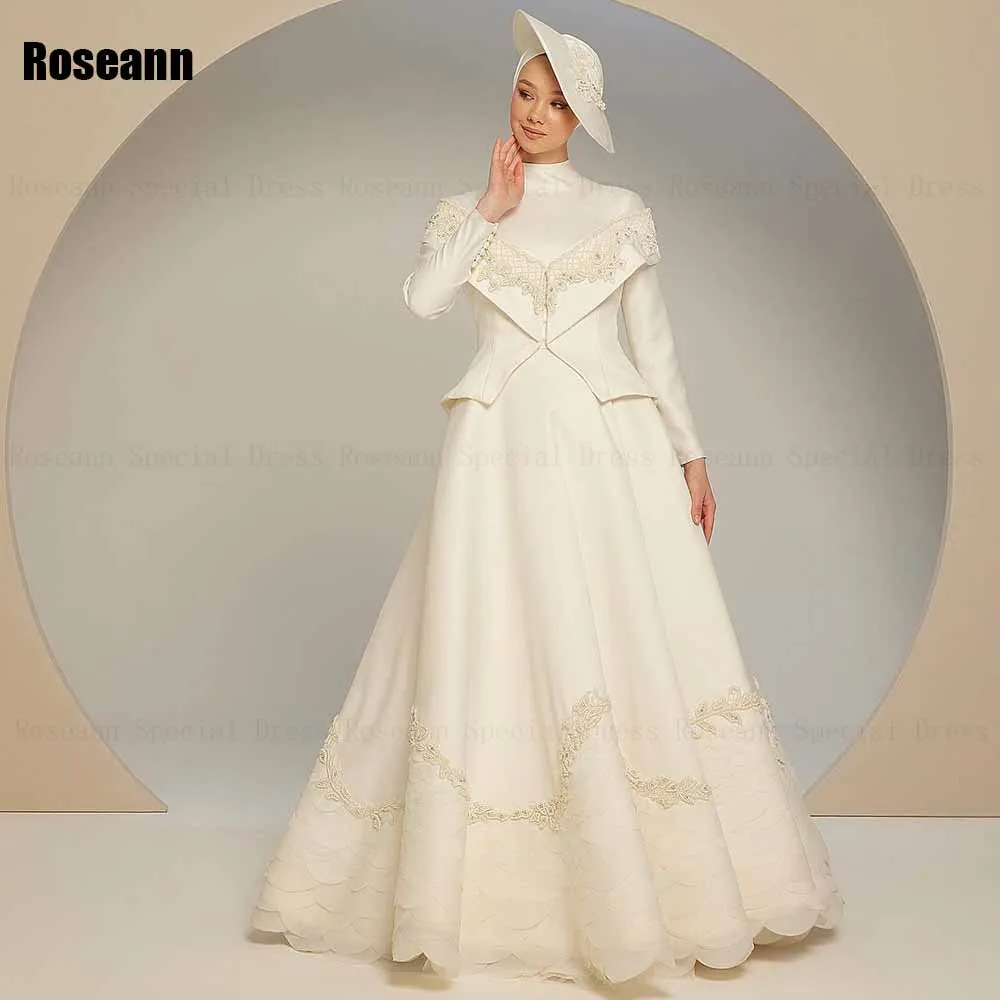 

Muslim 2024 New High Collar A-line Wedding Dresses Applique Draped Pleat Flowers Full Floor Length Bride Dress robe de mariée