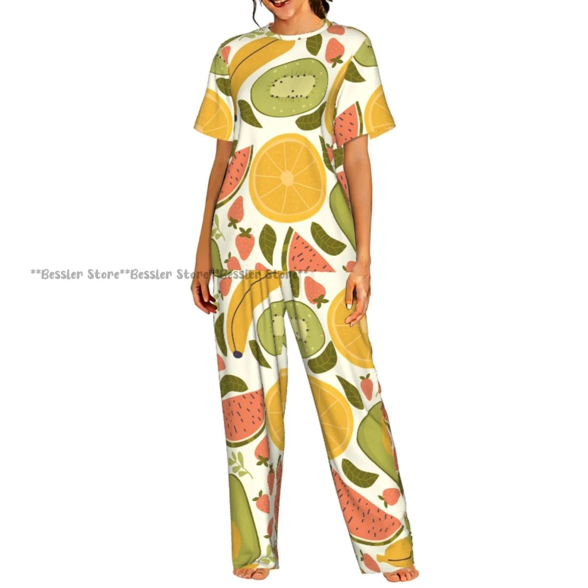 Colorful Fruits Avocado Pajamas Set Short-sleeved Women Home Clothing