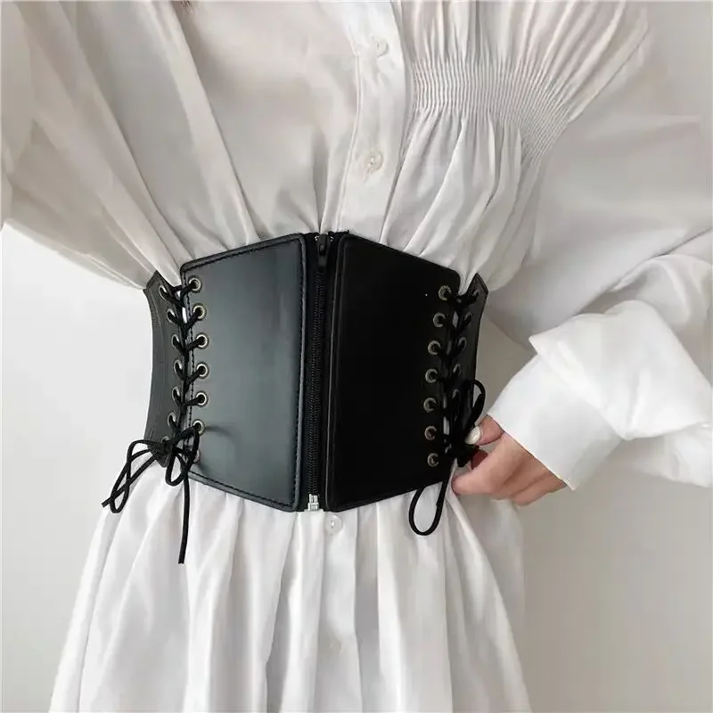 Women Fashion Punk Corset Wide Belts Slimming Body Elastic Bustier Waistband PU Leather Hip Hop Gothic Dress Girdle Belt Straps