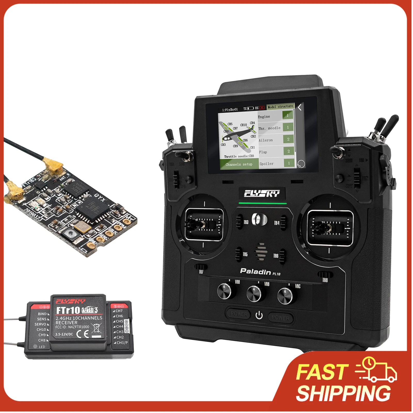 

Flysky Paladin PL18 2.4G 18CH Radio Transmitter with FS-FTr10 FTr16S Receiver HVGA 3.5 Inch TFT Touching Screen for RC Drone