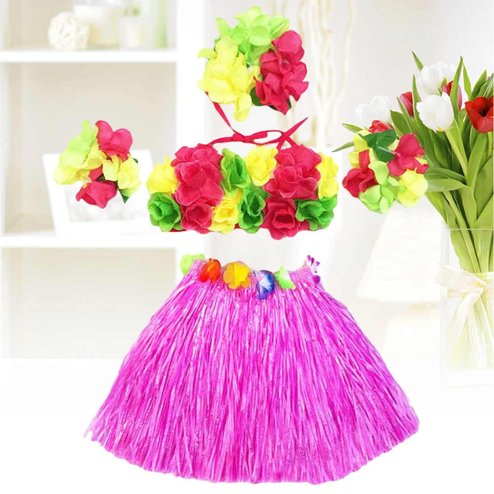 

5Pcs Hawaii Grass Skirt Set 40cm Elastic Waistband Colorful Hula Skirt Flower Bracelets Headband Bra for Events