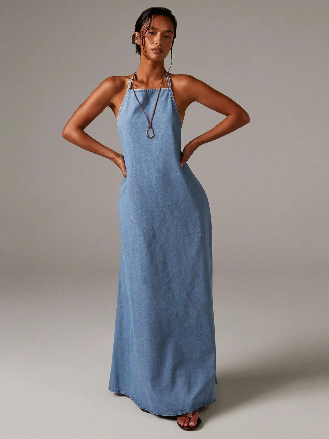 

Women's Denim Halter Neck Backless Maxi Dress Casual Bohemian Summer