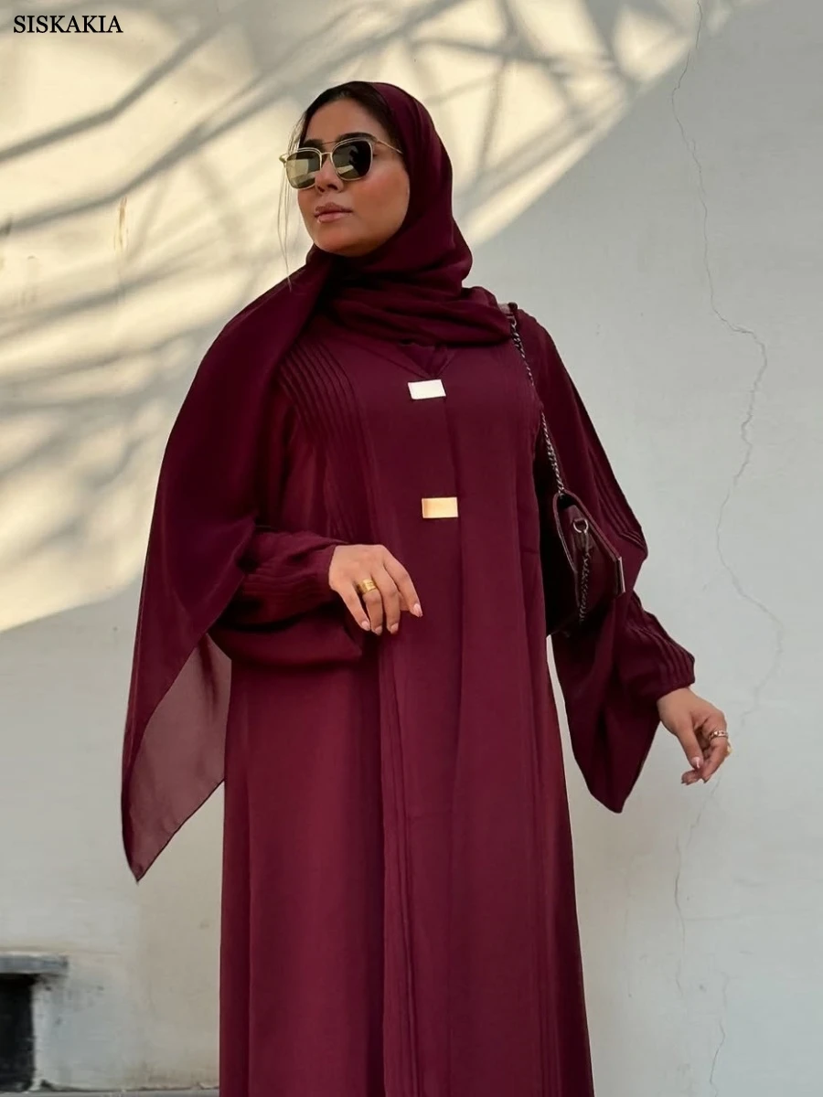 Siskakia ใหม่ดูไบ Elegant หลวม Maxi Abaya มุสลิมสั้นผู้หญิง Kaftan จีบชุด