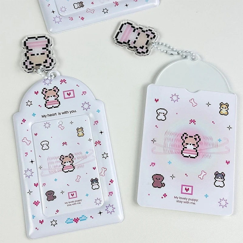 Kawaii Ins Cute Pixel Puppy Portafoto Kpop da 3 pollici Porta carte fotografiche Borsa con ciondolo Cancelleria scolastica