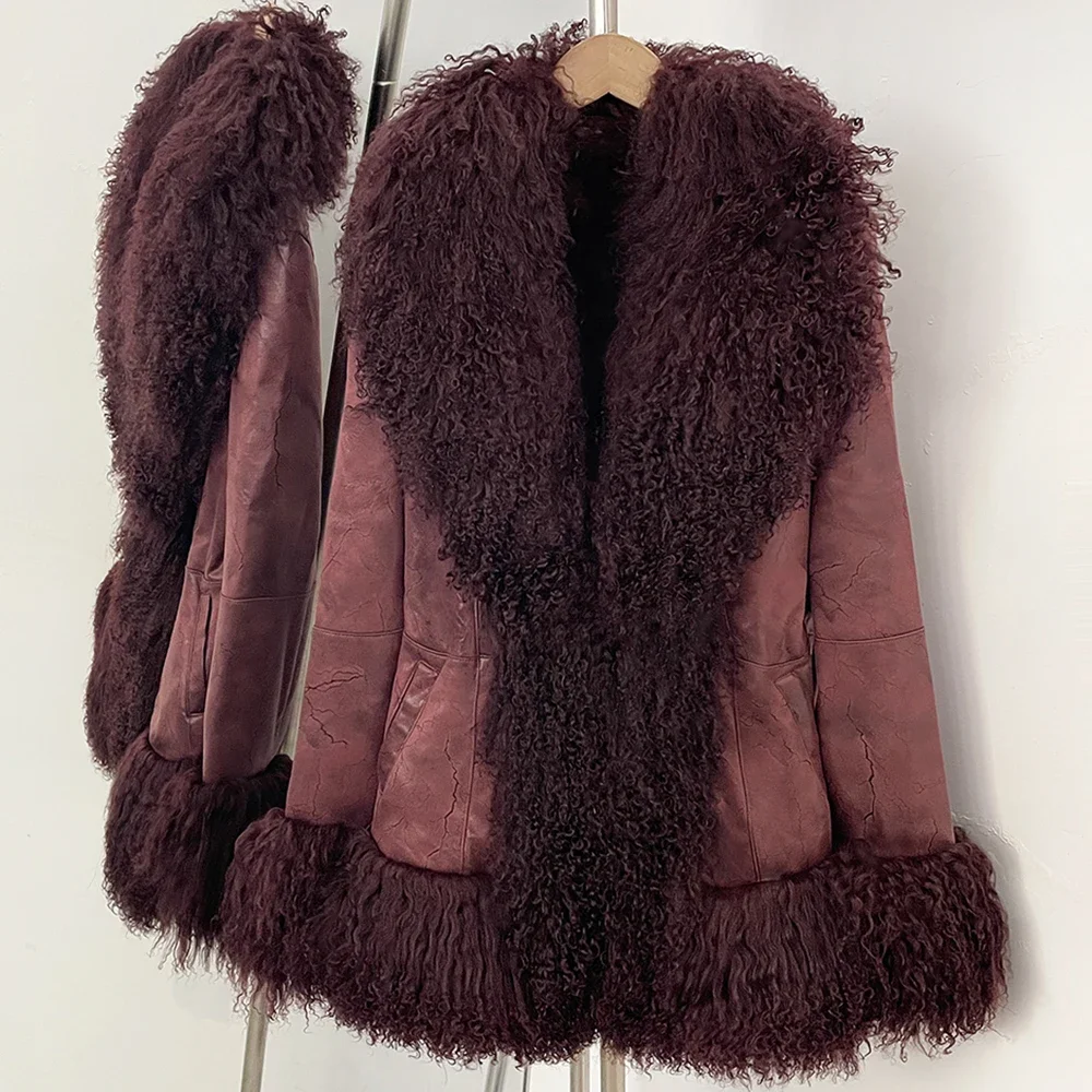 OFTBUY New Winter Warm Curly Mongolia Sheep Fur Jacket Women Vintage Shearling Coat Slim Faux Suede Real Rabbit Fur Clothing