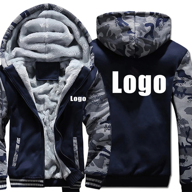 Custom Logo Design Camouflage Faux Fur Hoodies DIY Printed Winter Fleece Men Hooded Coat Customized Thicken Sweatshirt Jacket