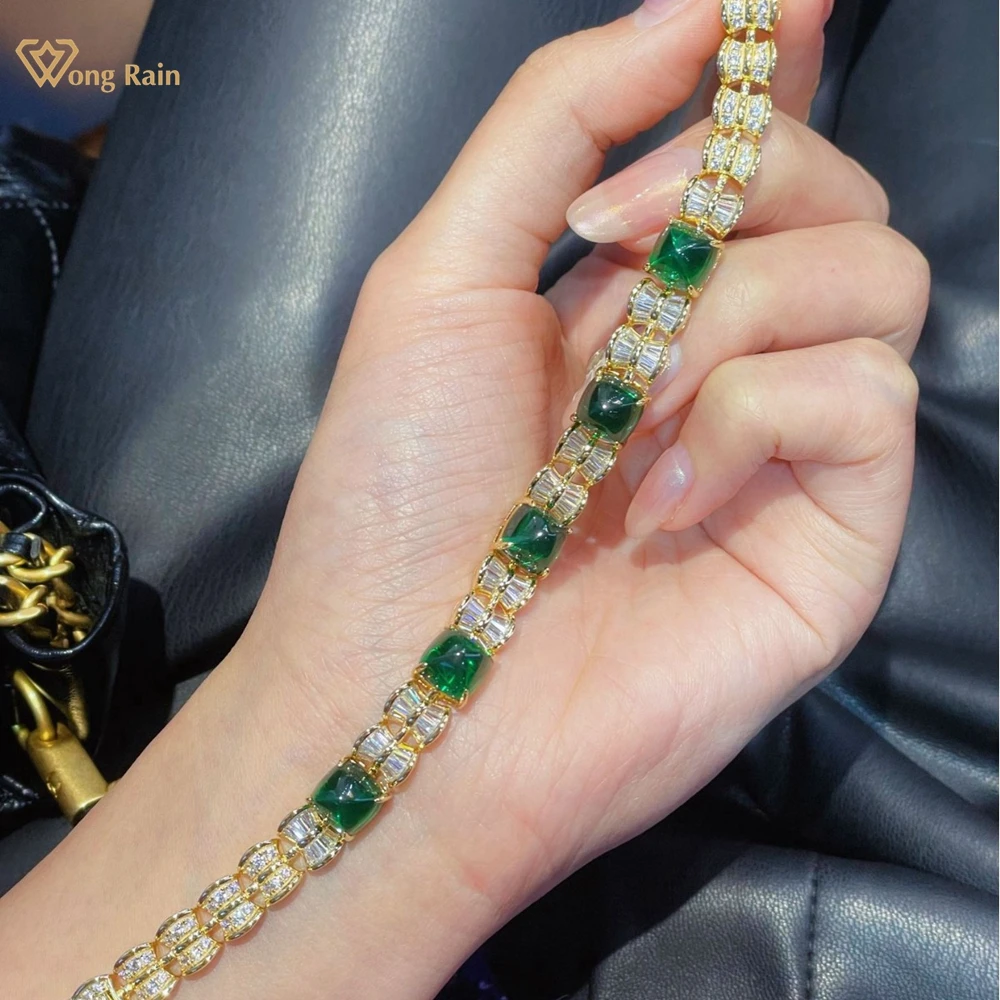 Wong Rain Vintage 18K Gold Plated 925 Sterling Silver Sugar-loaf Cut Emerald High Carbon Diamond Gems Bracelets Bangle Jewelry