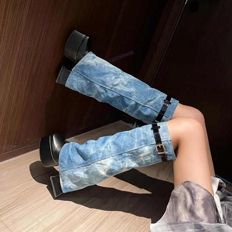 Bottes hautes au genou à plateforme en denim bleu pour femmes, chaussures Parker carrées, talons épais, chaussures à la mode, 2023