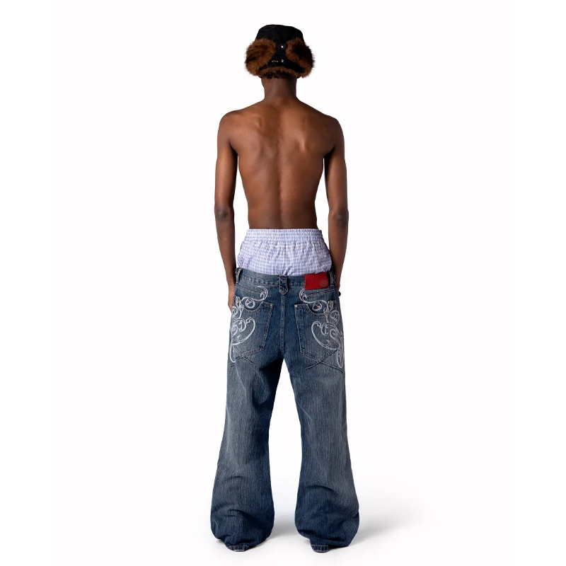 Jean Bootcut Y2K Bleu Délavé Vintage Brodé Homme Femme Pantalon Harajuku High Street Streetwear Unisexe Décontracté