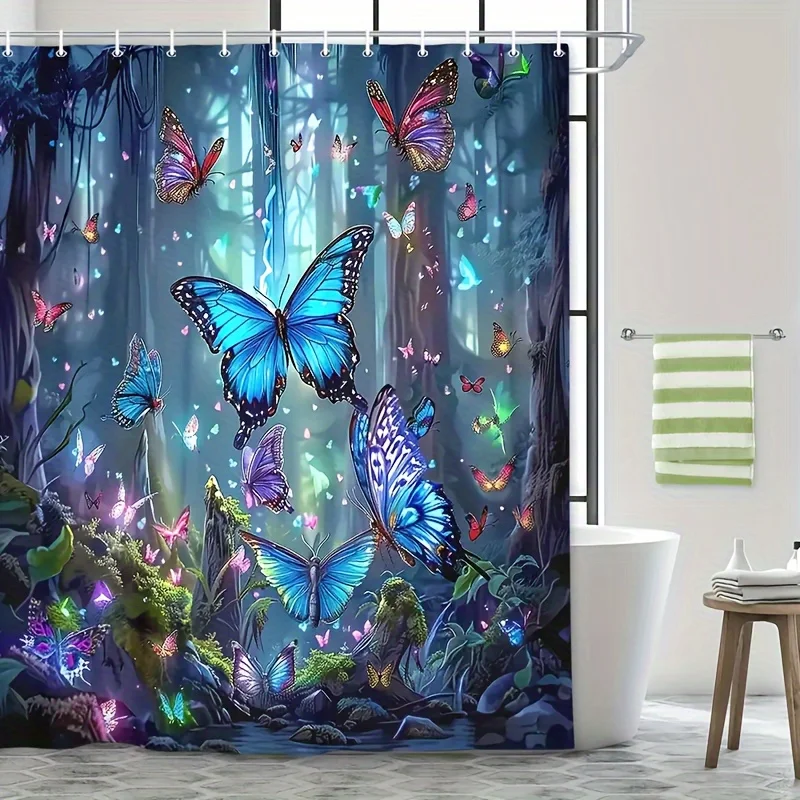 Magical Forest Butterfly Shower Curtain, Dark Wood Blue Glowing Insect Print Waterproof Bath Curtain for Fantasy Bathroom Decor