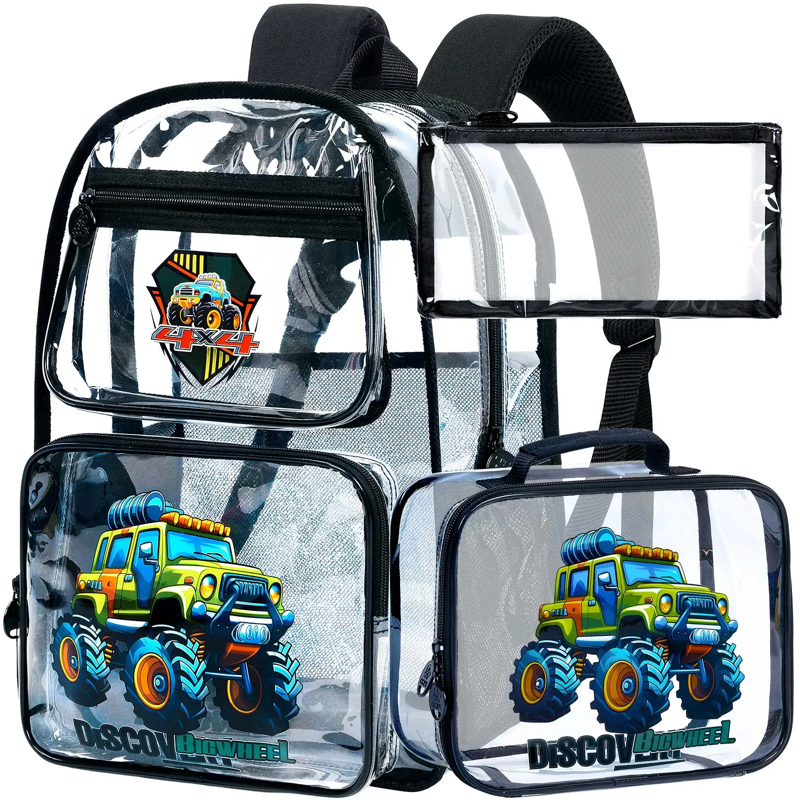 

3PCS Clear Backpack for Boys,16" Truck Transparent Bookbag Heavy Duty, Cute See Through Backpacks with Lunch Bag