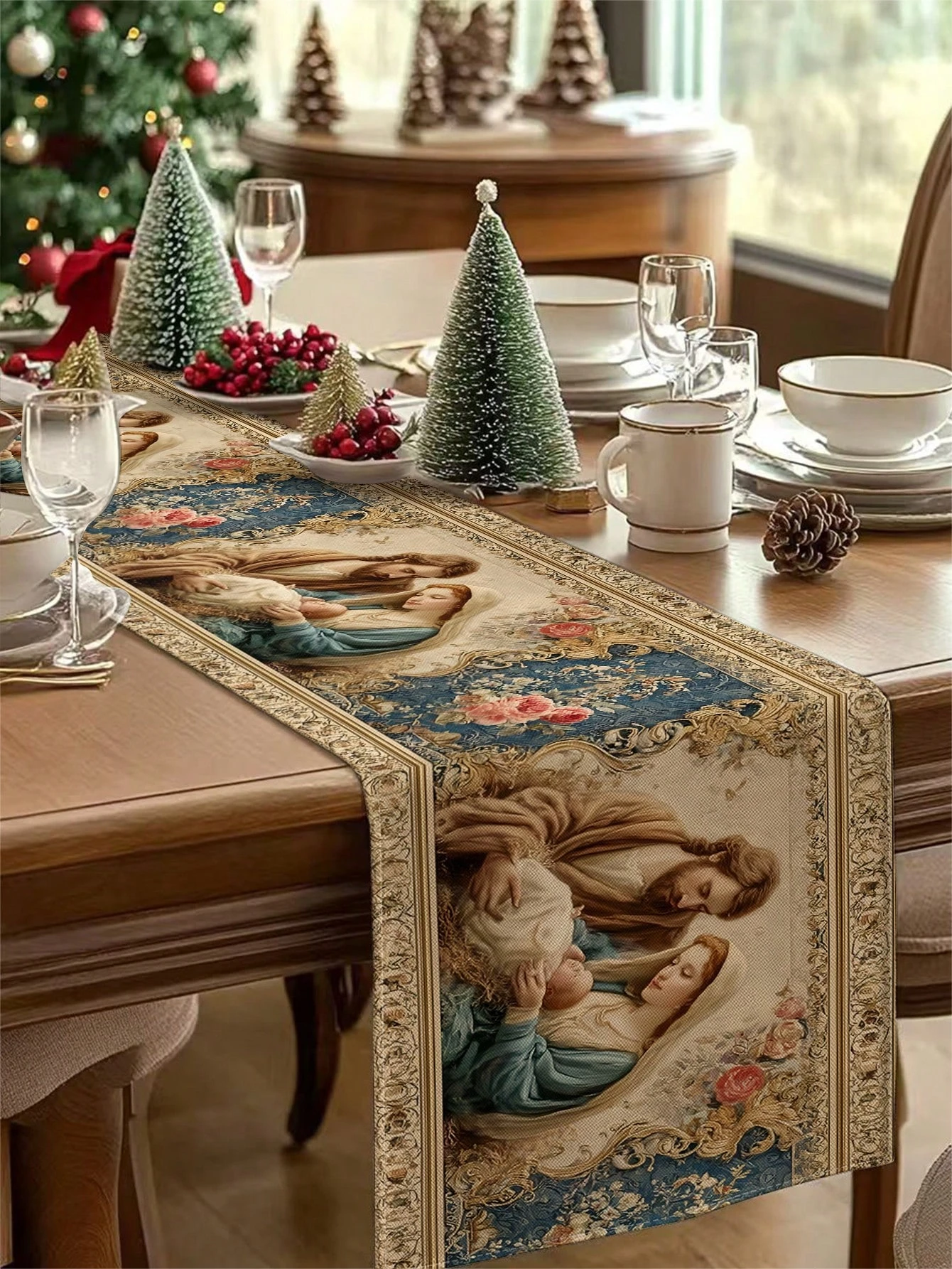 1 Stück religiöser Weihnachts-Tischläufer, Vintage-Krippe-Druck, Tischdekoration für christliche Weihnachts-Dinnerparty