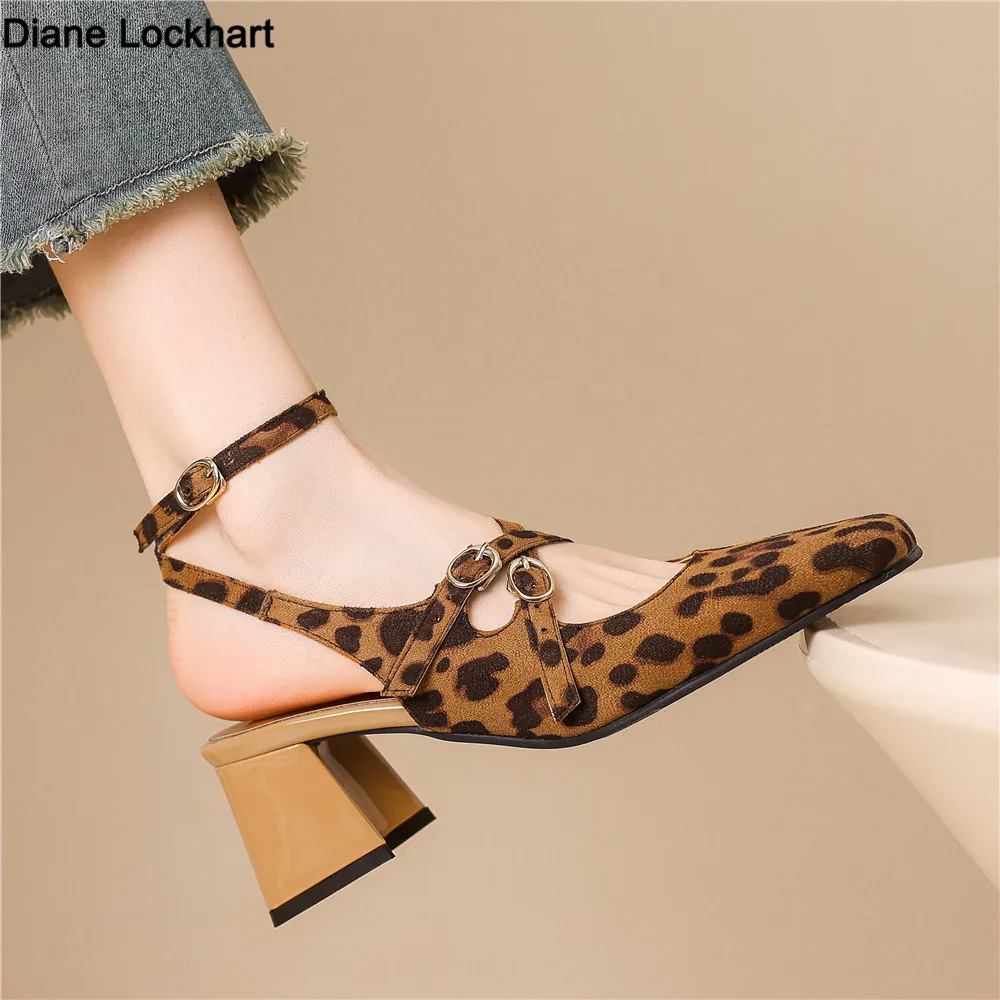 

2025 Spring Autumn Women Sandal Square High Heel Ladies Elegant Slingback Shoes Leopard Round Toe Ankle Strap Dress Pumps Shoes