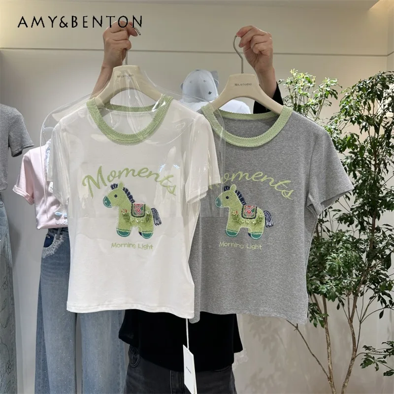

Slim-fit Short Tees Straight Shoulders Summer Sweet Embroidery Cartoon Horse Design Pure Cotton Short-sleeves Top Women's Tshirt