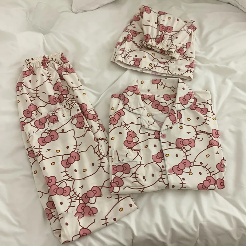 2 pièces mignon Hello Kitty pyjama costume dessin animé Sanrioed Anime Kawaii femmes printemps haut d'automne pantalons vêtements de détente Homewear filles douces