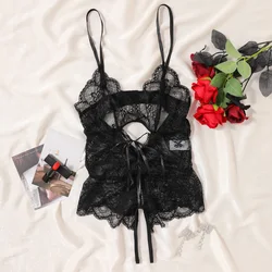 Hot Black Sexy Lingerie For Women Open Crotch Sex Underwear Porn Crotchless Semi-transparent Lace Bodysuit Deep V Erotic Costume