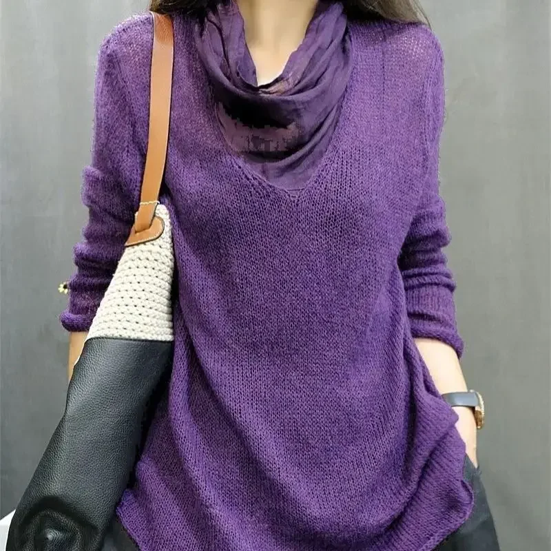 Fashion Spliced Mohair Pullover Women Causal Purple Womens Wool Sweater Autumn Winter Stacked Collar Cashmere Tops