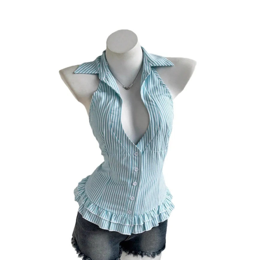 Women's Mint Blue Striped Halter Blouse Deep V Neck Button Front Backless Slim Fit Ruffle Hem Sleeveless Summer Y2K Casual Shirt