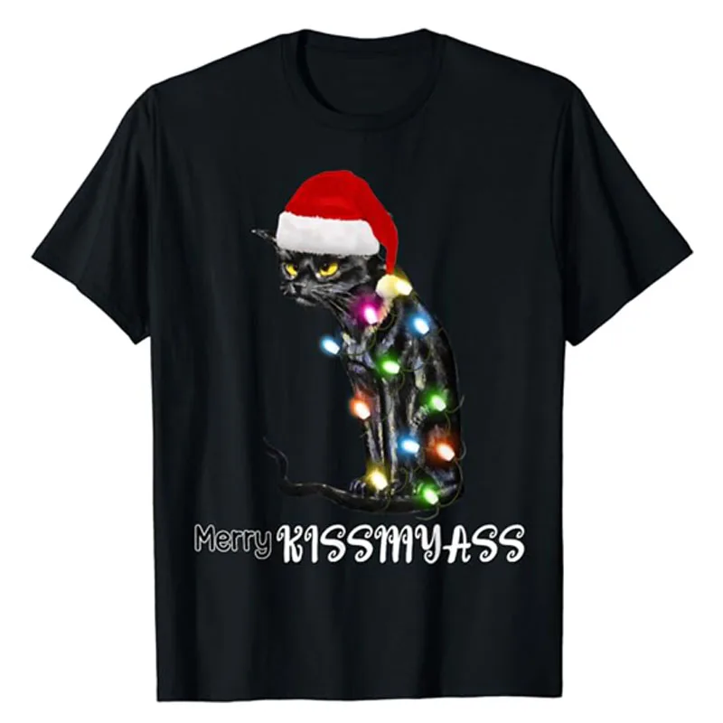 Merry Kissmyass Funny Cat Christmas Lights T-Shirt Xmas Costume Gifts Kitty Lover Graphic Outfits Cute Kitten Saying Tee Y2k Top