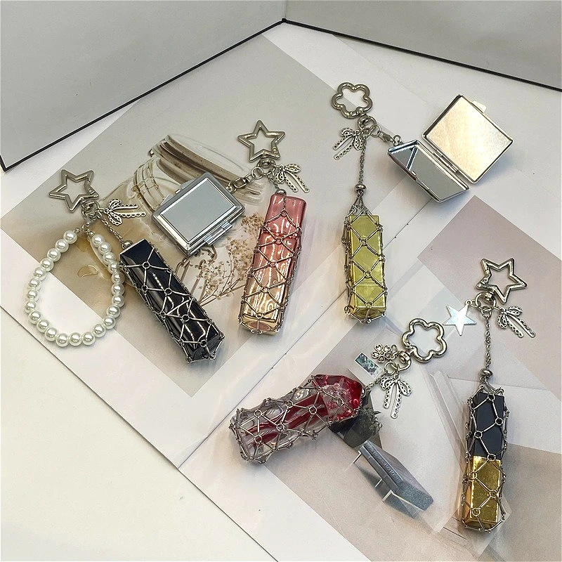 جديد زهرة مشبك اللؤلؤ السوار أحمر الشفاه سلسلة حقيبة المفاتيح غطاء مرآة شعار مخصص الشفاه بلسم كيس شبكي حلقة رئيسية النساء هدية #4