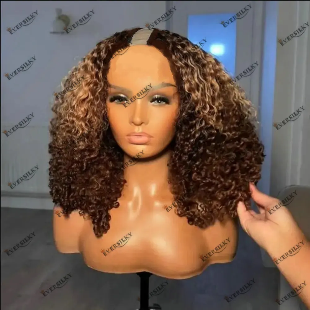 

Ombre Blonde Brown Kinky Curly U Part Wig Human Hair Glueless No Leave Out 1x4 Size V Part Wigs Full Head Clips for Women Wear