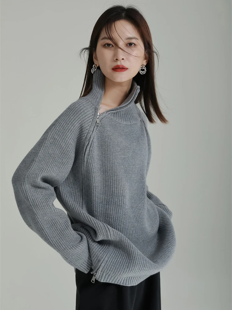 [EAM] Gray Zipper Big Size Knitting Sweater Turtleneck Long Sleeve Women Pullovers New Fashion Tide Spring Autumn 2024 1DH8179