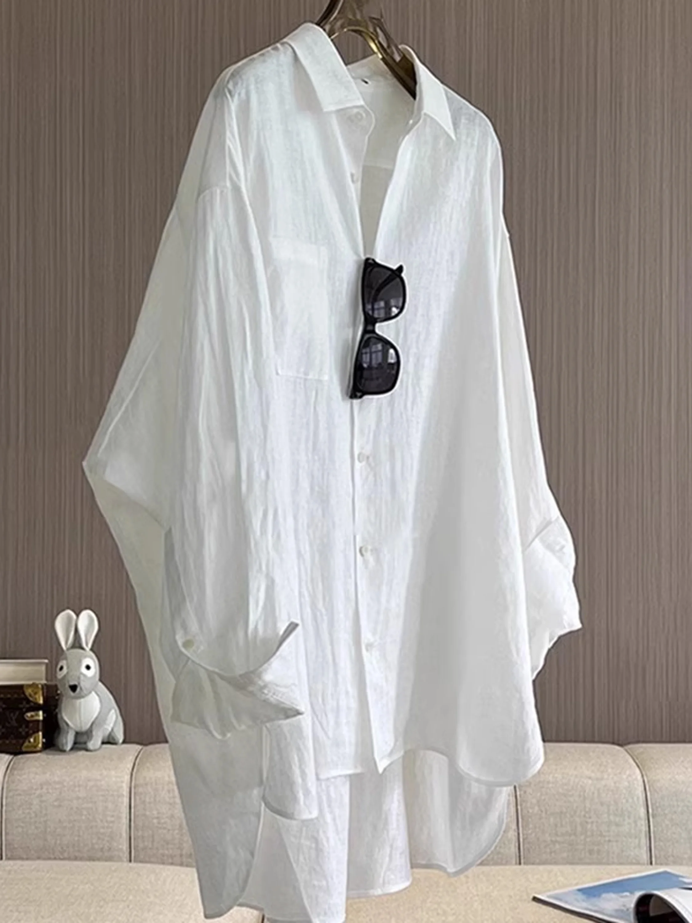 Modna lniana długa koszula chroniąca przed słońcem, damska letnia cienka luźna codzienna odzież wierzchnia, koreańska luźna koszula zapinana na guziki.