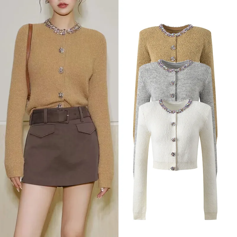 

Вязаный кардиган, украшенный бриллиантами, Sweet Sle, круглый, верхняя одежда с открытой передней частью для женщин, осень 2025 Faion S...