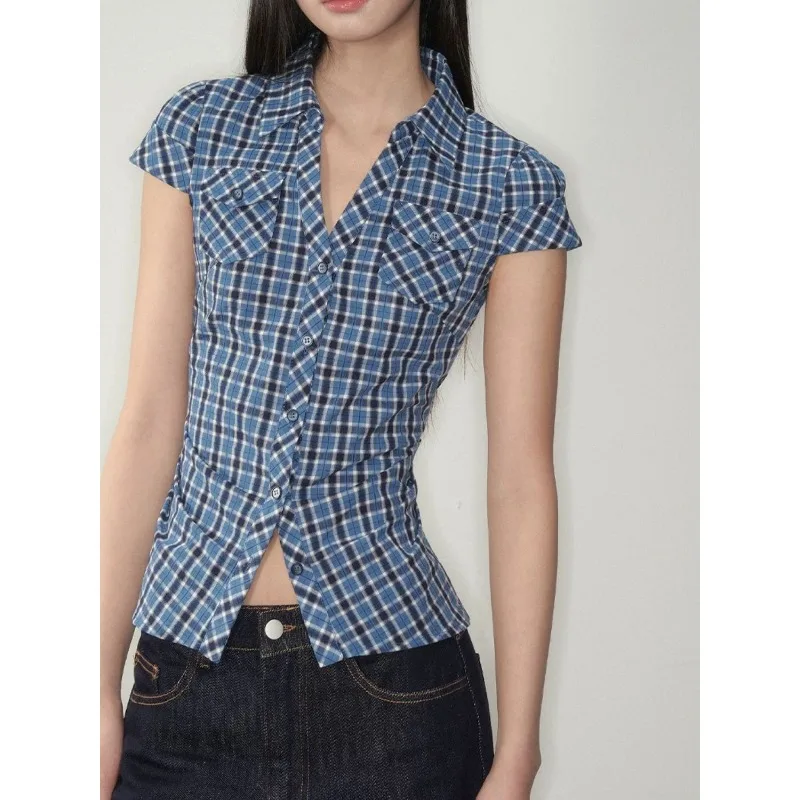 Deeptown Vintage Plaid Pocket Women Shirts Short Sleeve Korean Fashion Cropped Blouses Slim Preppy Jk Aesthetic Casual Summer