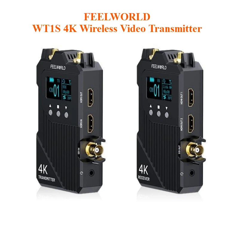 FEELWORLD WT1S 4K Transmisor de vídeo inalámbrico Intercomunicador dúplex Entrada dual HDMI y SDI Salida para transmisión en vivo Cámara para monitorear