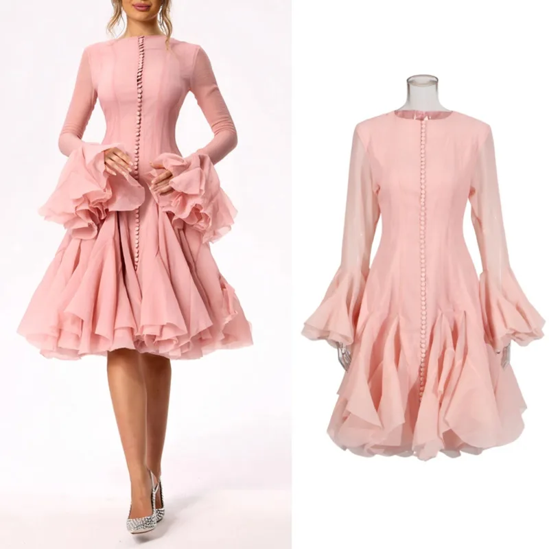 Pleated Elegant Ladies Pink Evening Dresses Petal Sleeves Fashion Mini Dresses Ruffles Single Breasted Bodycon Dresses For Women