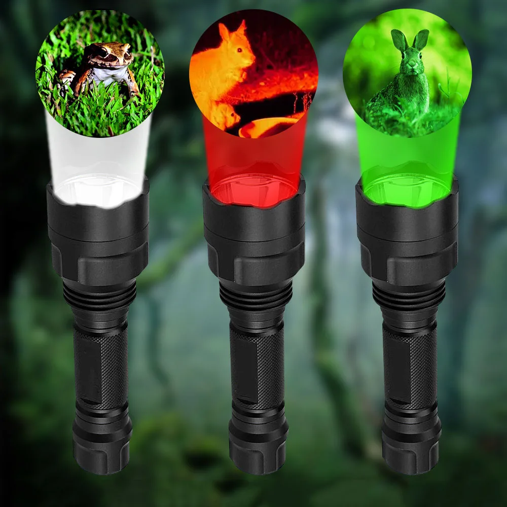 Tactical Hunting Flashlight Red/Green/White Torch Lantern LED Flashlight USB Rechargable Predator Handheld Torch 5-Mode Lamps