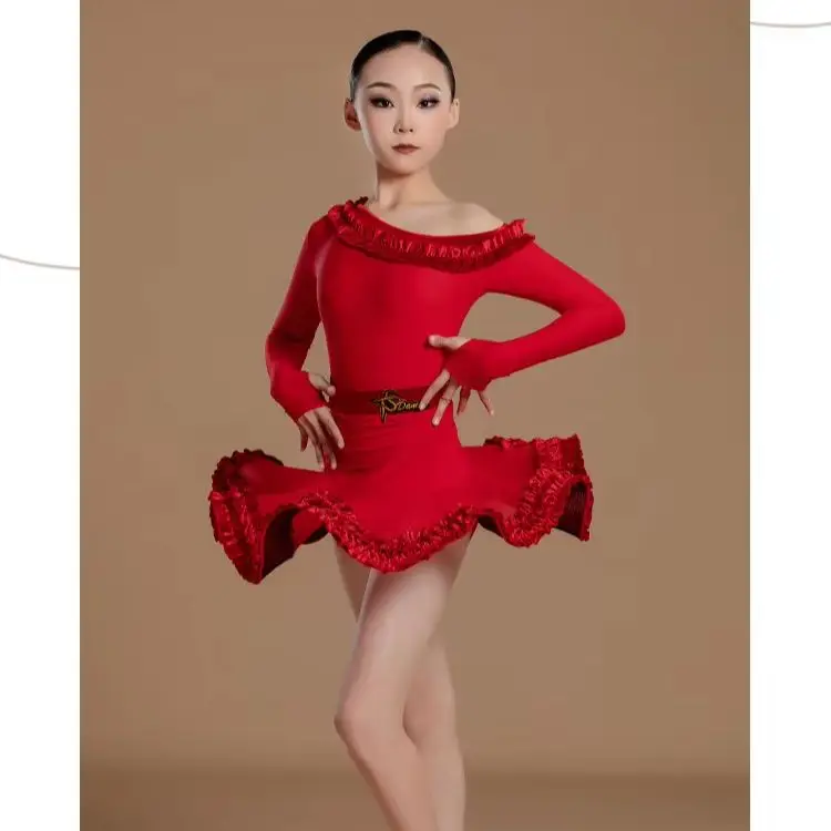 

Girls' Latin dance practice dress high-end long-sleeved dress with floral trim and fishbone skirt for performances and shows