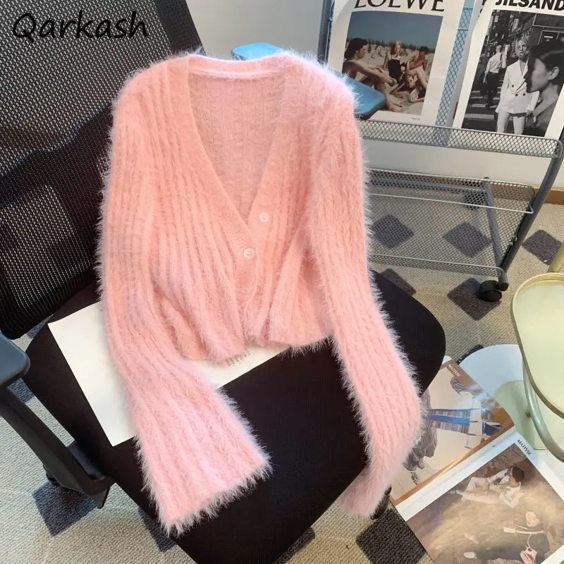 5 Colors Crop Cardigans Women Slim Cozy Autumn Furry V-neck Pure New Chic Gentle All-match Korean Style Popular Sweater Harajuku