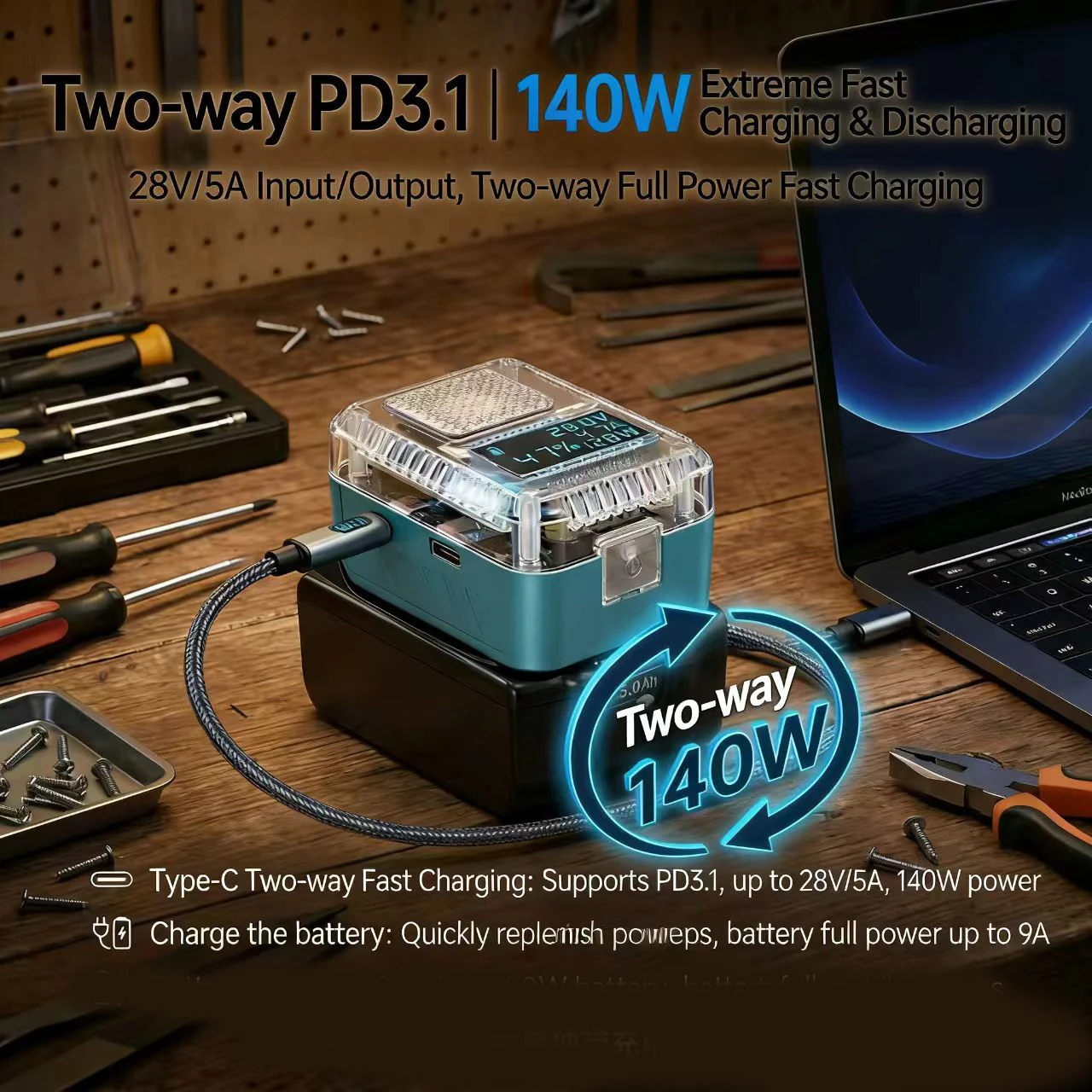 

Адаптер-зарядное устройство USB мощностью 140 Вт для аккумуляторов BL1830 BL1840 с цифровым дисплеем для портативных электростанций DIY