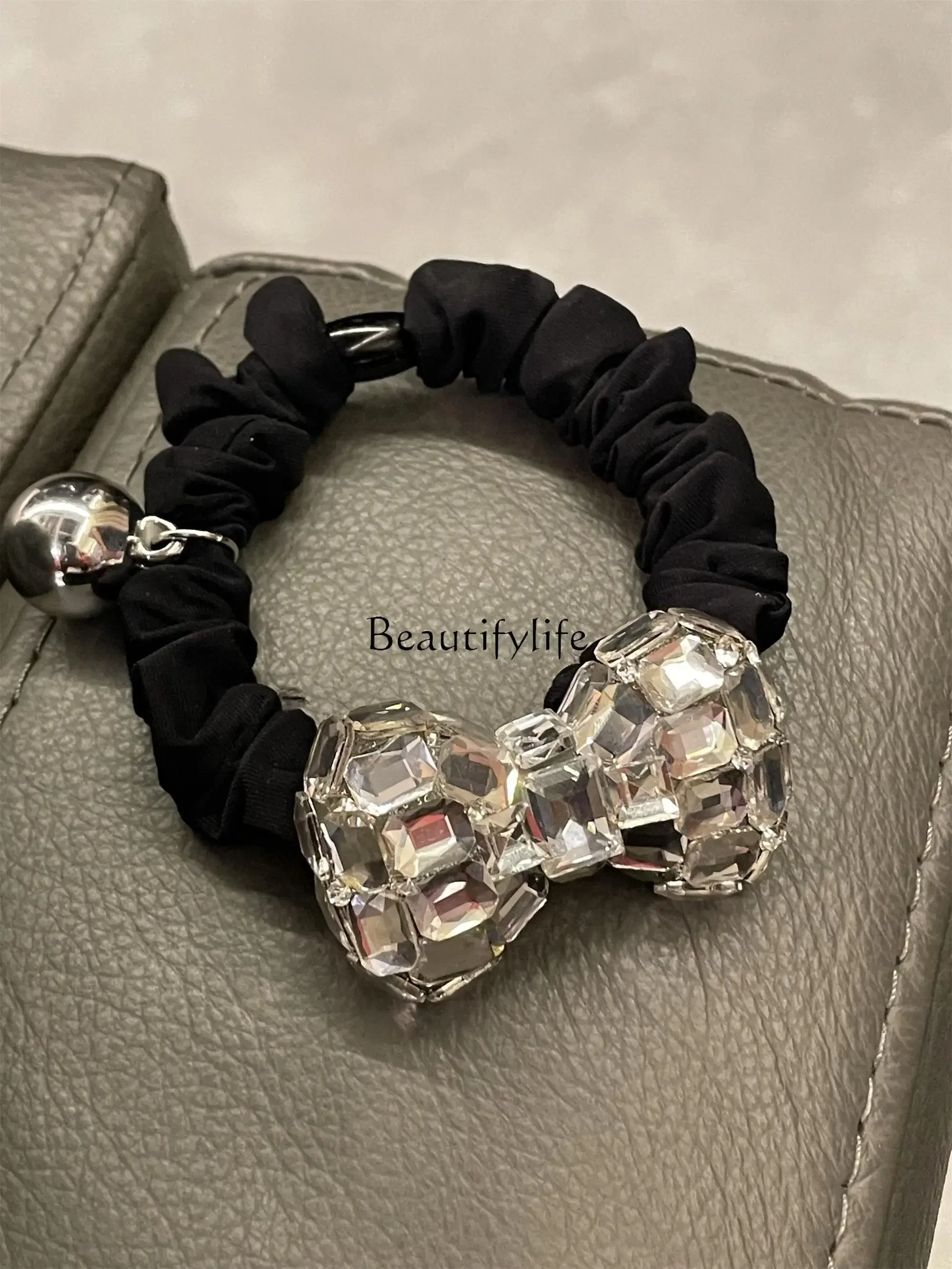 

Full of High Sense Mild Luxury Retro Shiny Rhinestone Bow Black Hair Ring Ponytail Headdress Flower