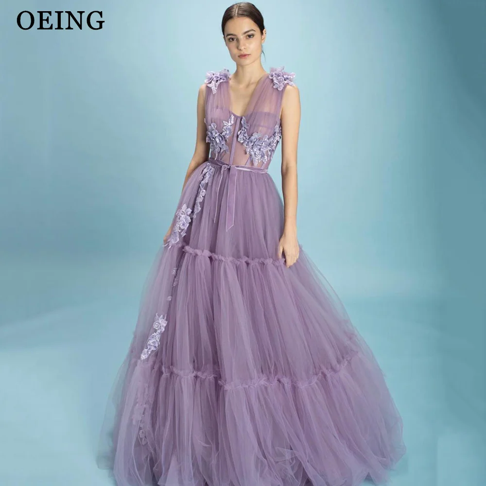 

OEING Elegant Boho Purple Tulle Prom Dress A-Line Sexy V Neck Appliques Ruched Formal Evening Dress Floor Length Party Gown