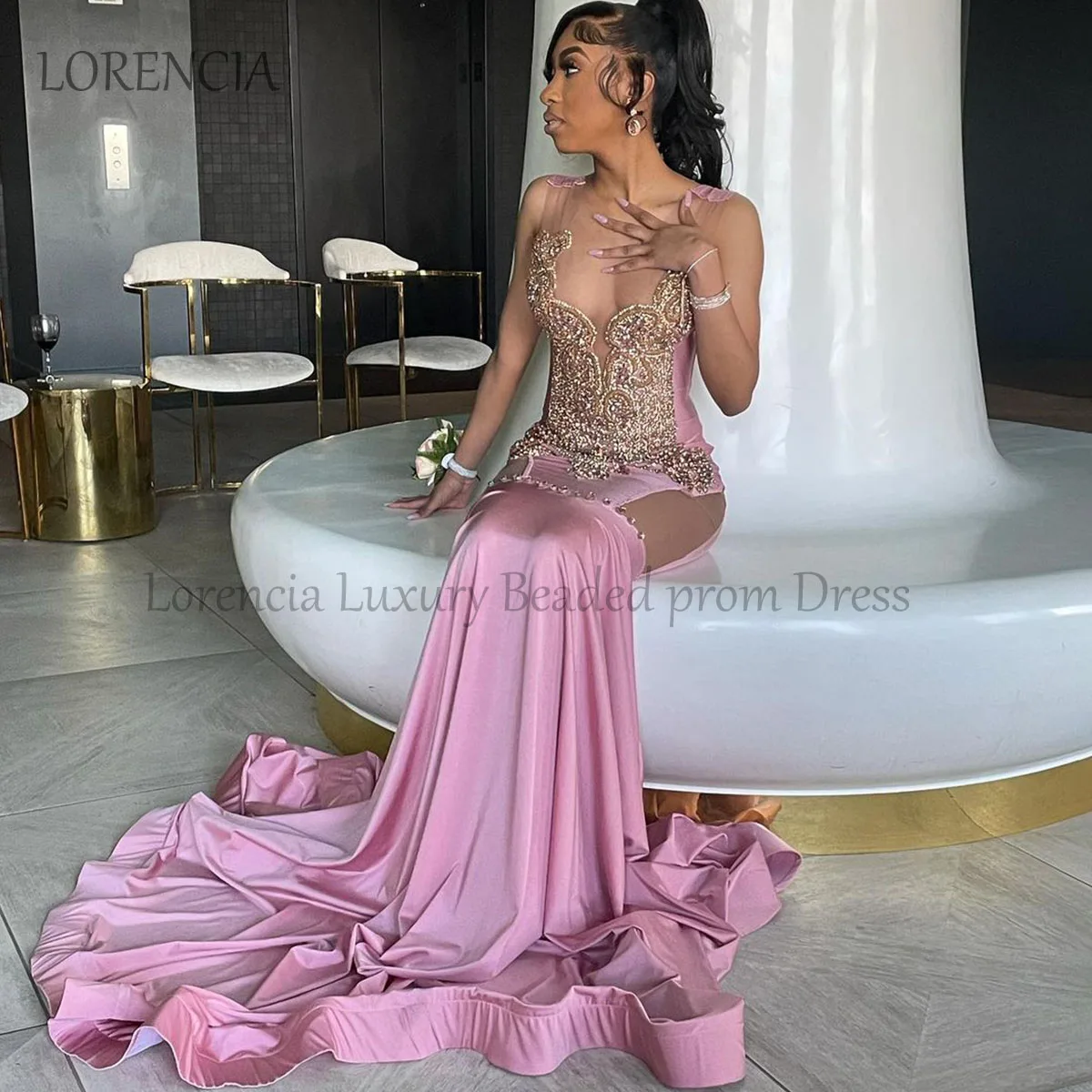 Vestidos de sirena de terciopelo rosa de lujo para niñas, vestidos de fiesta de noche con diamantes de imitación negros, vestido de fiesta Formal, 2024