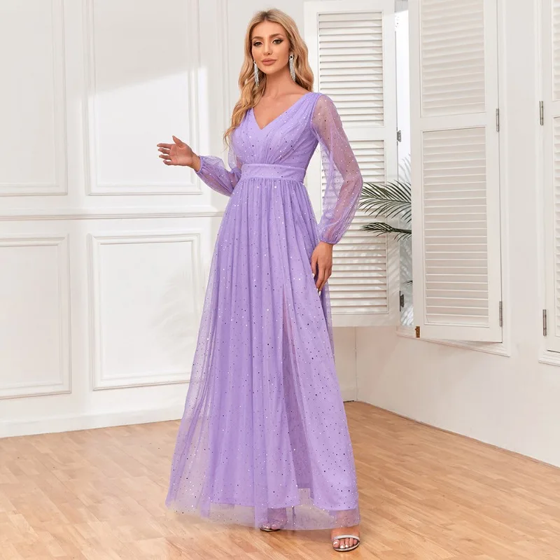 Women's Elegant Double V-neck See Through Long Sleeved Sheer Shiny Evening Gown A-line Fully Lined Wedding Party Dress