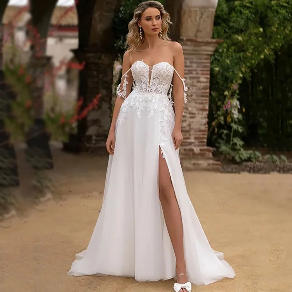 

Customized Off Shoulder V Neck Boho Wedding Dress 2025 Lace Appliques Sexy Slit Tulle Brides Gown A Line Backless Bridal Dress