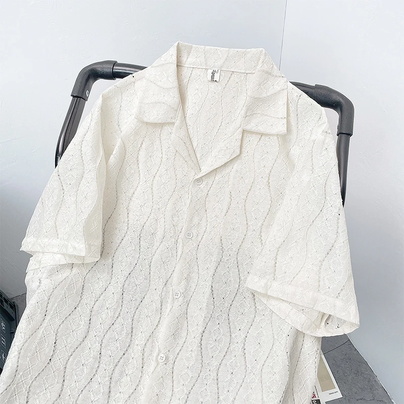 

Cuban Collar Hollow out ort Sve irt Men's Summer Japanese Sle Trendy Brand Casual irt Jaet Loose Fit Youth ular