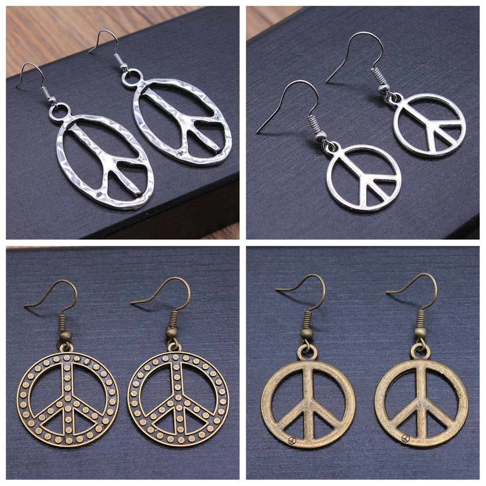 Punk Antique Silver Color Antique Bronze Color Drop Women\'s Earrings Charm Vintage Peace Symbols Dangle Earring For Women