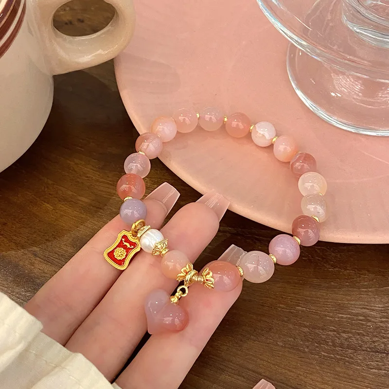 Fresh and Gentle Fairy Style Pink Sweet Heart Agate Design Temple Love Pendant Bracelet