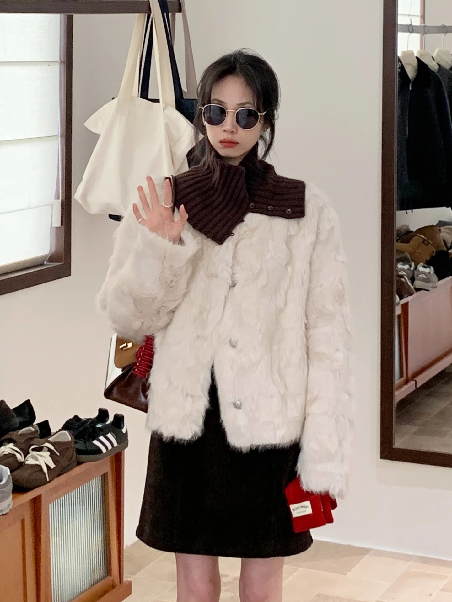 

Korean Sle Women's ort Coat Jaet Fur And Leather Inteated Design Sensation Autumn Winter New Arrival Long Sve