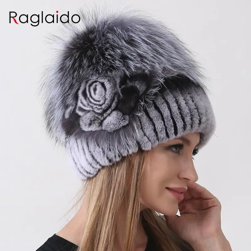 

Natural Fluffy Fox Rabbit Fur Hats for Women Winter Knit Floral Striped Elastic Stylish Fashion Warm Thick Outdoor Skull Beanie